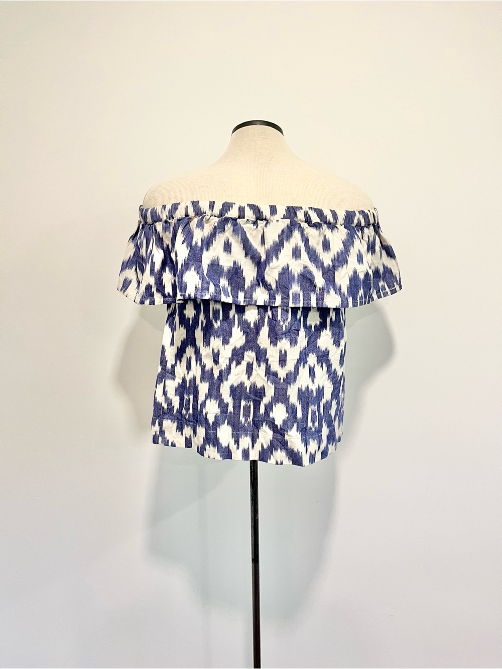 Madewell Blue & White Off-Shoulder Ikat Balcony Blouse Coastal Beach Summer Top - Picture 8 of 12